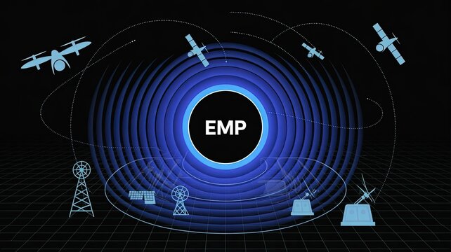 EMP: A complex diagram of technological marvels, highlighting an electromagnetic pulse emanating across satellites and drones, against a backdrop of futuristic blueprints.
