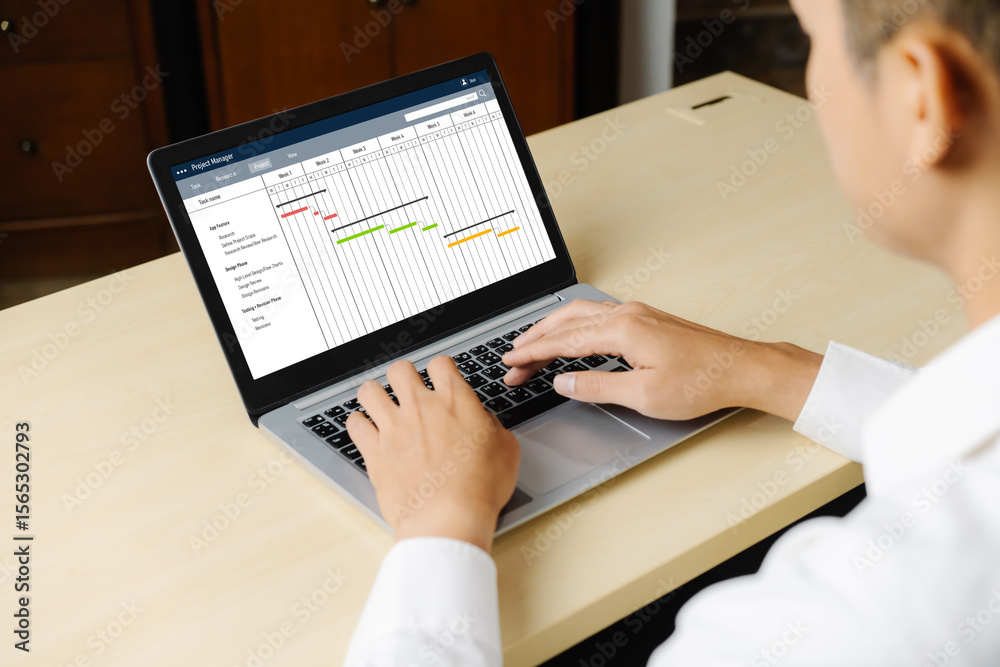 Poster project planning software for modish business project management on the computer screen showing time
