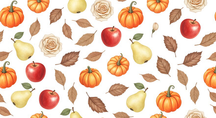 Autumn Harvest: Seamless Pattern of Pumpkins, Apples, Pears & Leaves