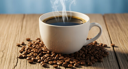 Fototapeta premium Steam rising from coffee cup on wood