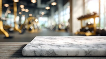 The empty concrete table top with a blurred background of a gym	