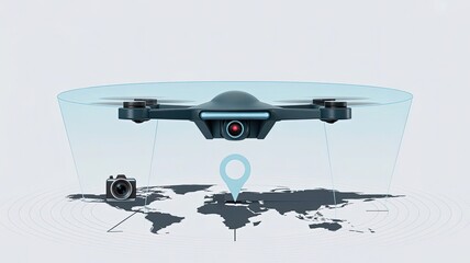Drone Navigation & World Map: A modern drone hovers above a world map, showcasing real-time aerial navigation and photography capabilities, symbolizing innovation in aerial technology.
