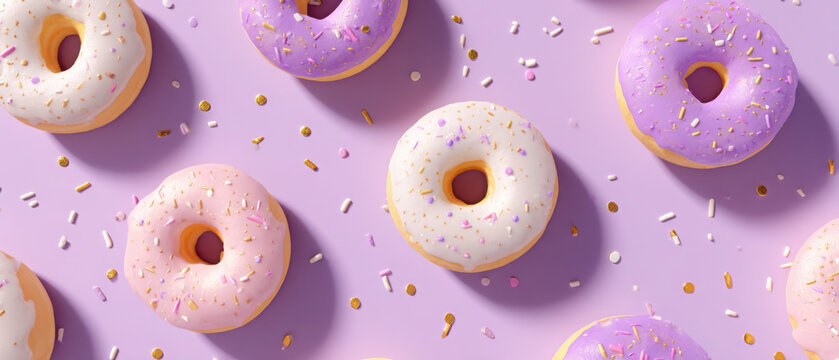 Brightly colored donuts scattered across a playful purple background creating a cheerful and whimsical atmosphere. food background for printing, printing, bright donut pattern