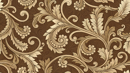 Seamless fabric pattern design Scroll Pattern Brown background The design is intricate and classic. Perfect for printing fabric or wallpaper.