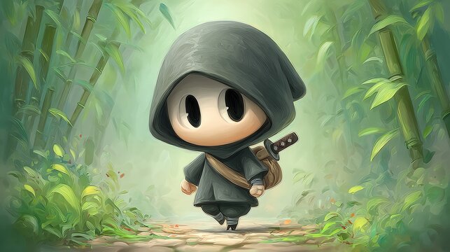 Chibi-style skeleton ninja emerging from shadows in a bamboo forest, katana on back and fog curling at his feet, epic stealth storytelling vibe