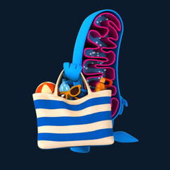 Fun 3D cartoon mitochondria with a beach bag