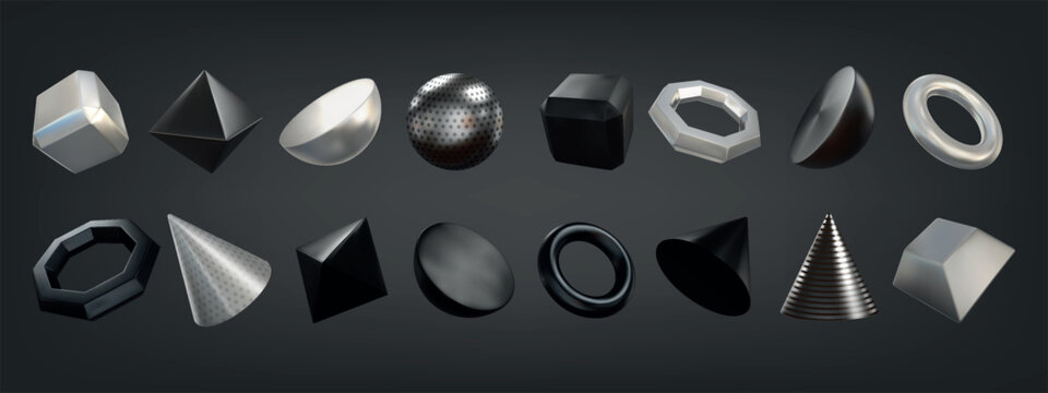 3d abstract shapes. Geometric ball element, steel sphere figure or isolated geometry ring form. Dynamic black and silver, modern cylinder and pyramid. Vector render isolated elements