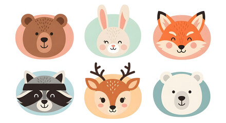 Fototapeta premium Adorable Animal Faces: Cute Cartoon Wildlife Set