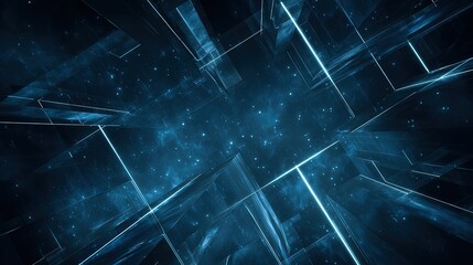 Floating abstract background architecture lines in glowing neon blue intersecting in a cosmic digital space