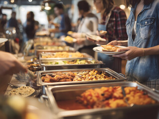 Ultimate Buffet Feast: Delicious Meals & Variety of Dishes at Catering Event with People Dining & Socializing in Casual Restaurant Setting