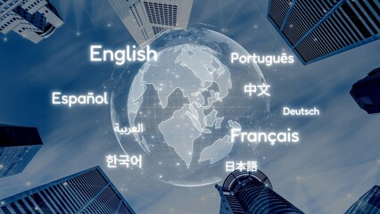 Global communication with multiple languages, digital translation tools, multilingual technology,...