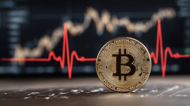 Cryptocurrency Bitcoin Coin with Stock Market Graph Background for Financial Analysis and Digital Currency Studies