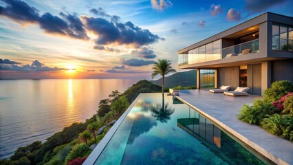 Fototapeta premium Oceanfront Luxury Residence at Sunset Infinity Pool and Modern Architecture