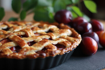 Homemade plum pie cooling on the countertop surrounded by fresh plums and green leaves. homemade baking, recipe