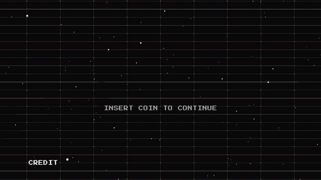 Vintage arcade games continue screen with press start, coin slot, perfect for retro gaming designs, nostalgia-themed projects, or arcade-themed graphics.