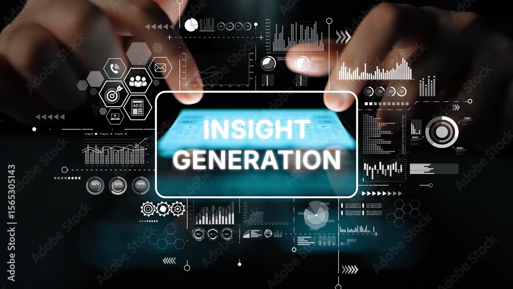 Poster hands typing on digital interface with insight generation text and data visualization elements in mo