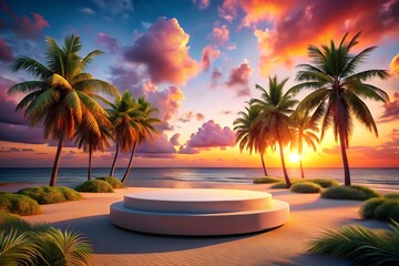 Fototapeta premium Tropical Beach Sunset: Serene White Platform Product Display, Idyllic Vacation Scene