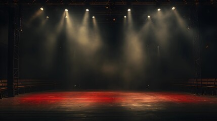 A stage with red floor is illuminated by spotlights, perfect for performance.
