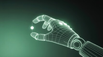 Digital Touch: A detailed illustration of a robotic arm delicately interacts with a luminous sphere, set against an illuminating digital background, showcasing innovation