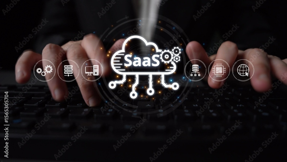 Poster visual representation of saas showing infrastructure, saas deployment, saas platform features, and s
