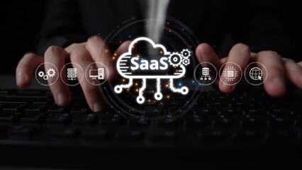 Visual representation of SaaS showing infrastructure, SaaS deployment, SaaS platform features, and SaaS integration model in digital environment. Muxer
