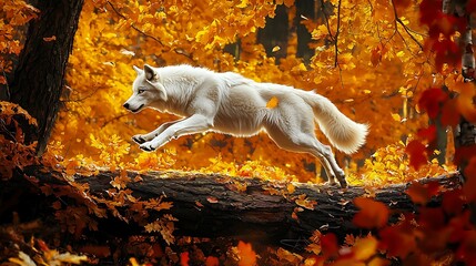 White wolf leaping amidst autumn leaves