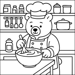 Obraz premium Cozy coloring page of a happy bear mixing ingredients in the kitchen