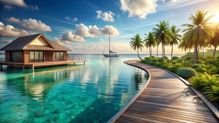 Fototapeta premium Serene Tropical Getaway Overwater Bungalow, Palm Trees, and a Sailboat at Sunset on a Calm Ocean with a Wooden Walkway