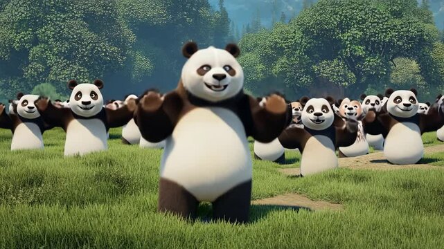 A high-quality 3D CGI animation loop of a realistic panda with detailed fur, rendered for VFX and crowd dance compositions.