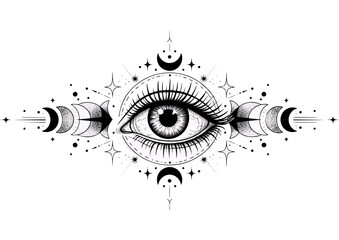 Eye illustration with celestial motifs in black and white 