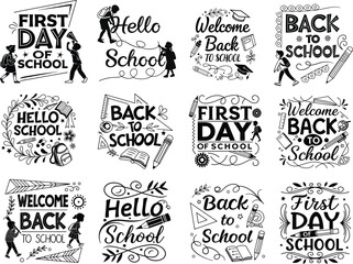 Fototapeta premium A bundle of elegant Back to School typography t-shirt designs in set collection, black and white silhouette style, handwritten calligraphic lettering vector illustration stationery elements. 