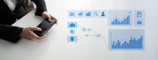 Data flow from database and cloud to processing and analytics dashboards, representing data...