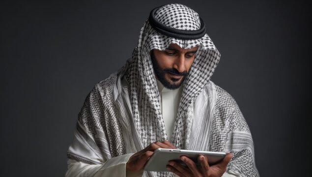 Elegant Middle Eastern man wea traditional keffiyeh and thobe using a digital tablet against a dark background, cultural attire and technology