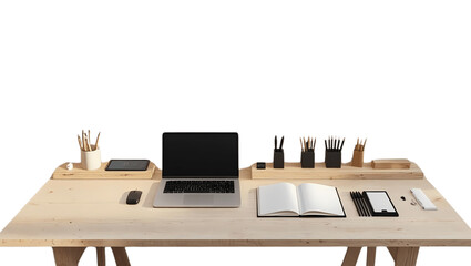 A wooden desk displays various office supplies, including a laptop and notebook.