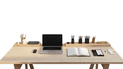 A wooden desk displays various office supplies, including a laptop and notebook.
