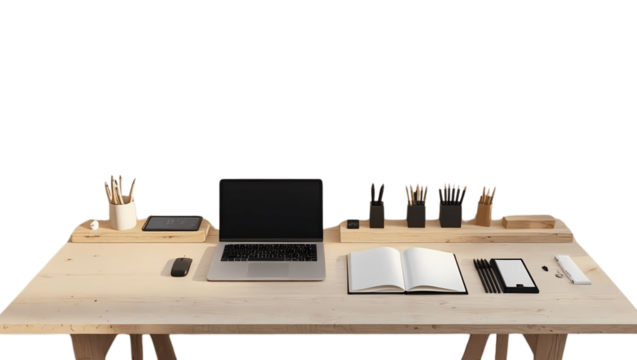 A wooden desk displays various office supplies, including a laptop and notebook.