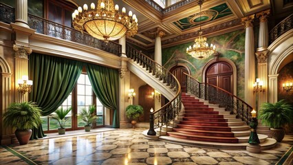 Obraz premium Opulent Grand Entrance Hallway with a Majestic Curved Staircase and Luxurious Decor