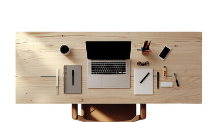 Overhead view of a laptop, coffee, phone, and notebook on a wooden desk, suggesting a workspace or home office.