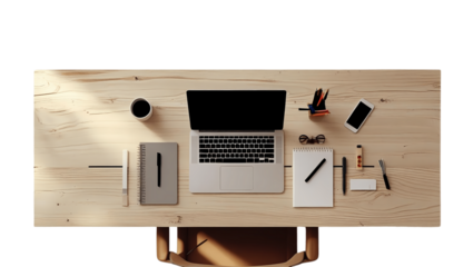 Overhead view of a laptop, coffee, phone, and notebook on a wooden desk, suggesting a workspace or home office.