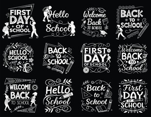 A bundle of elegant Back to School typography t-shirt designs in set collection, black and white silhouette style, handwritten calligraphic lettering vector illustration stationery elements. 