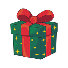 Cute vector illustration of a Christmas gift box in green with red ribbon and star accents. Perfect for holiday greeting cards, winter packaging, festive poster designs, party invitations