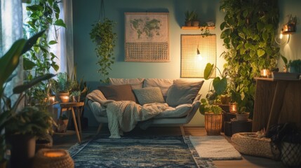 Cozy living room ambiance featuring a comfortable couch, lush indoor plants, and soft lighting for a relaxing, bohemian atmosphere.
