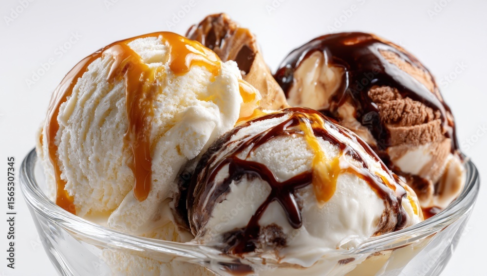 Aufkleber delicious scoop of vanilla chocolate and caramel flavored ice cream with drizzles in a clear glass b