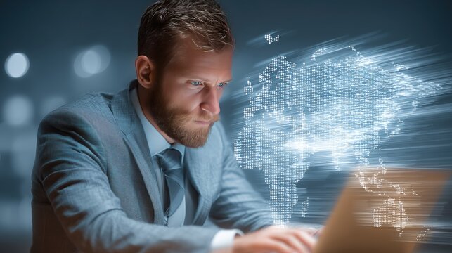 Business Professional Working on Laptop with Digital World Map Overlay - Global Connectivity Concept - Powered by Adobe