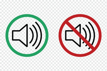 No Sound icon sign mute icon vector illustration. Speaker mute icon. No sound icon. No allowed Sound Sign. no sound or keep silence red circle sign, green allowed round vector icon eps 10