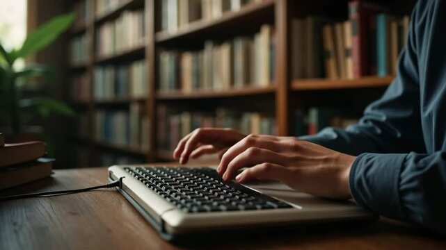 Conducting library research on vintage keyboard in classic library. Person sits at wooden desk and types on retro keyboard. Conducting library research in quiet study room.