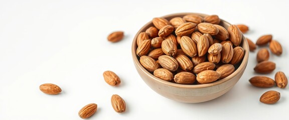 Obraz premium A bowl of almonds sits on a pristine white tabletop, delicious, gourmet