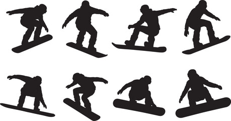 Eight Black Silhouette Snowboarders Action Sports Design