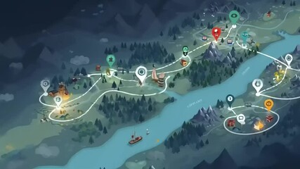Colorful illustrated map showing various locations, paths, and landmarks in a fantasy landscape - Powered by Adobe