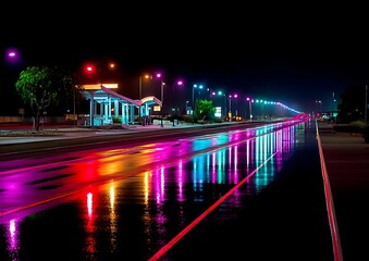 Colorful night street scene with reflections